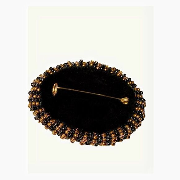 Vintage 1980’s hand crafted leopard agate oval glass beaded bezel brooch - Picture 9 of 9